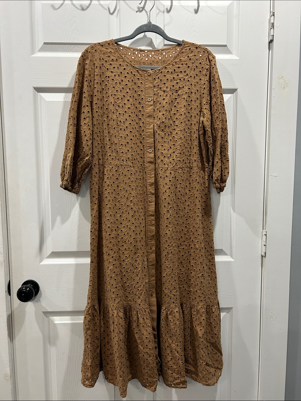 Eyelet Midi Dress in Brown
